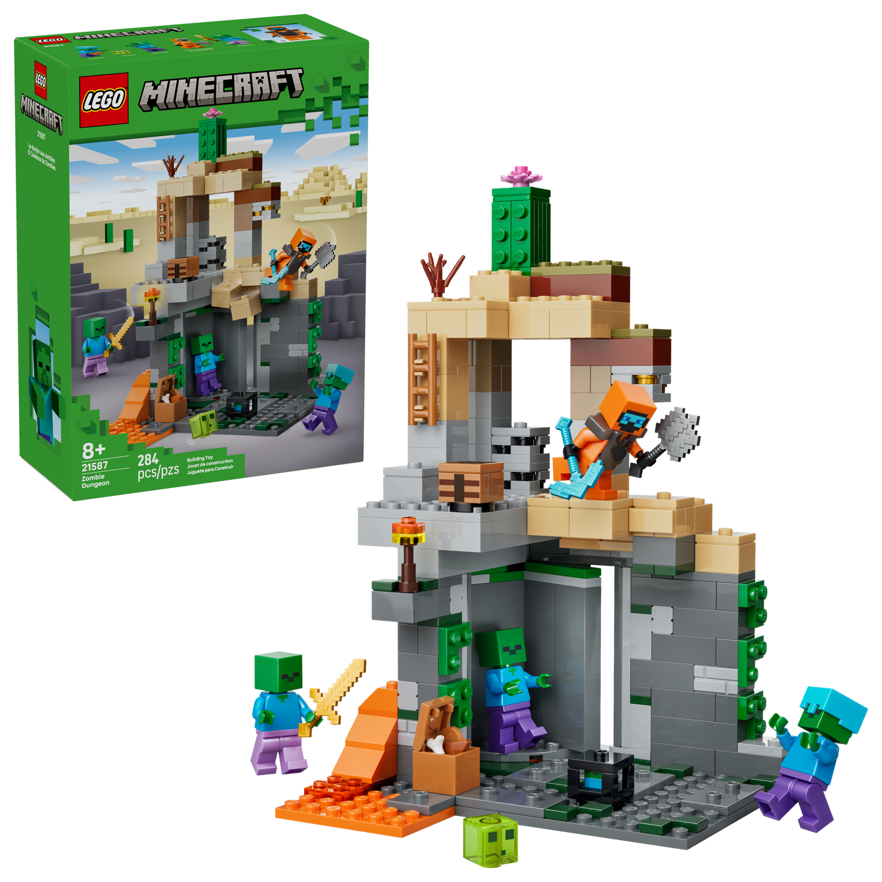 LEGO Minecraft 21587 Temnița cu zombi, model și personaje