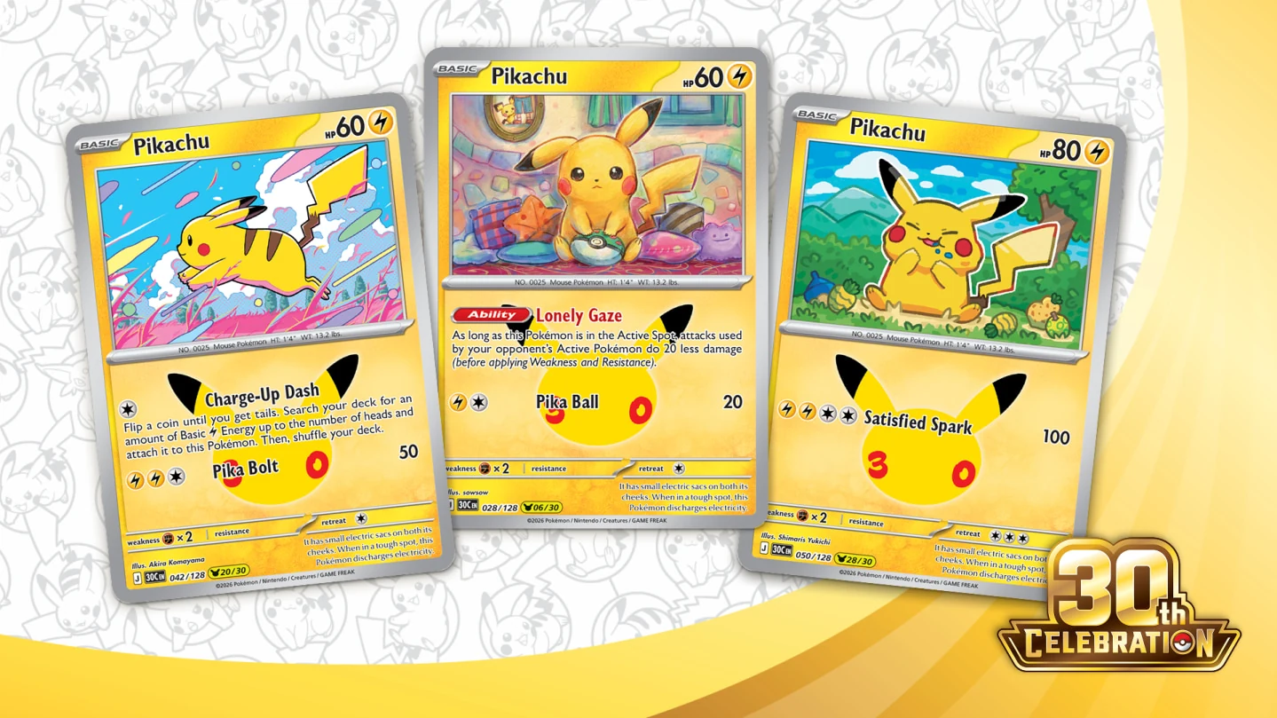 Trei cărți Pikachu prezentate oficial pentru Pokémon TCG 30th Celebration