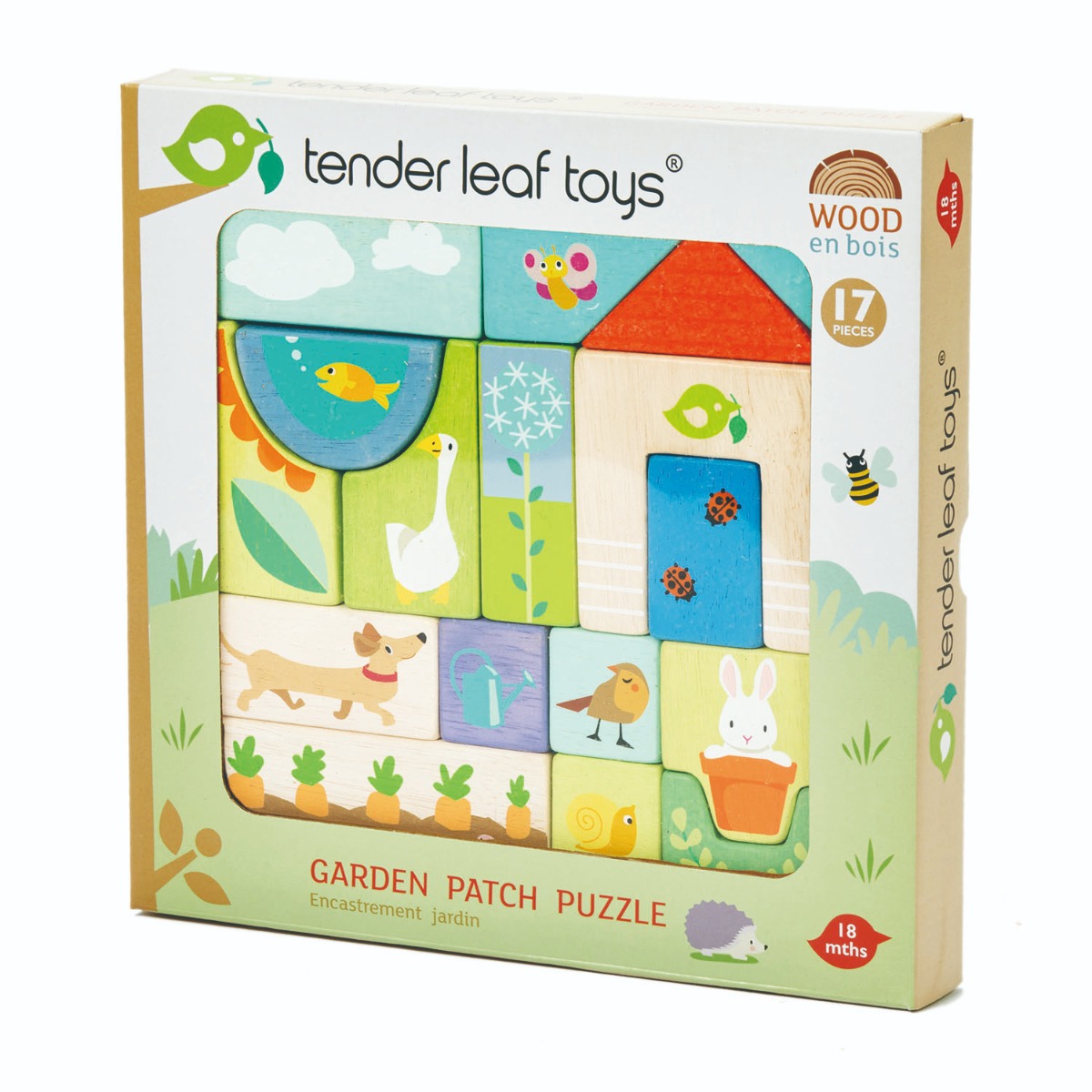 Puzzle educativ din lemn, Tender Leaf Toys, ilustratii din gradina, 17 piese