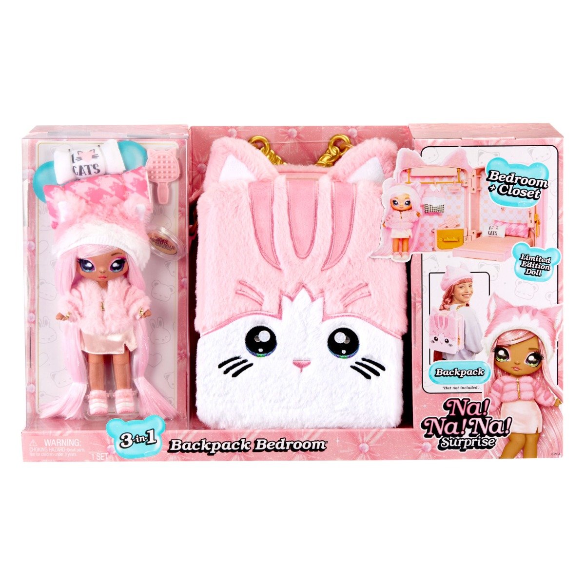 Na Na Na Surprise 3 in 1, Set papusa Pink Kitty si ghiozdan, S3, 585589EUC