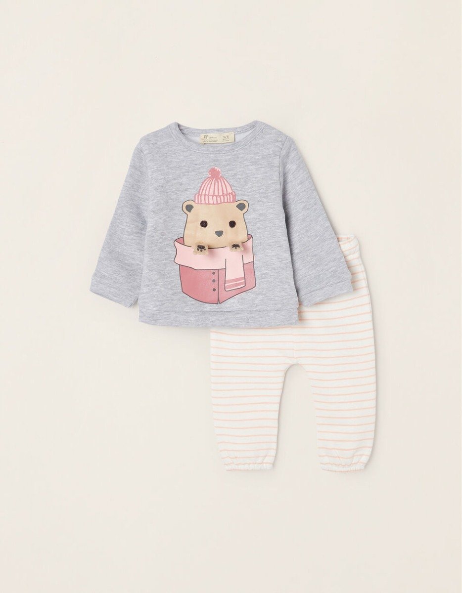 Set bluza cu maneca lunga si colanti, Zippy, Bear, gri-roz