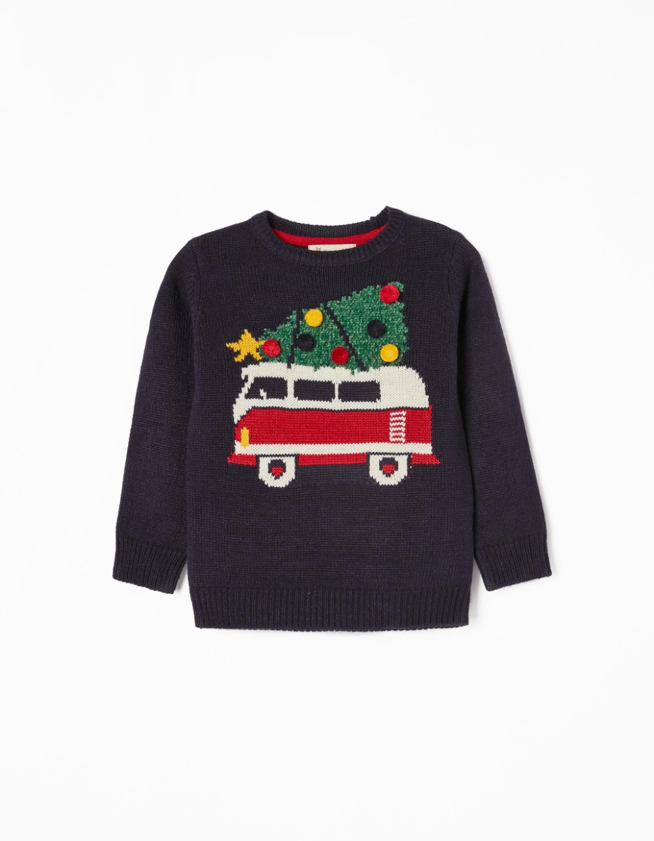 Pulover cu imprimeu, Zippy, Christmas Car, Bleumarin