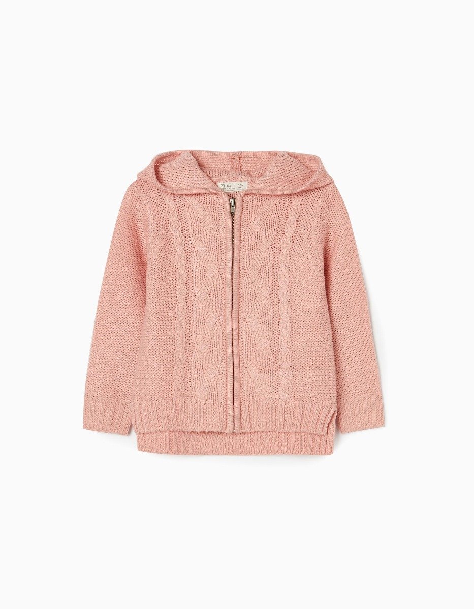 Cardigan tricotat, cu gluga si fermoar, Zippy, roz