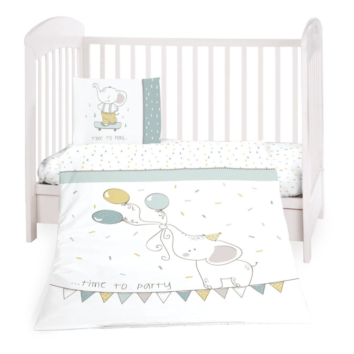 Set 3 piese Kikka Boo, cearsaf de pat, Elephant Time Grey