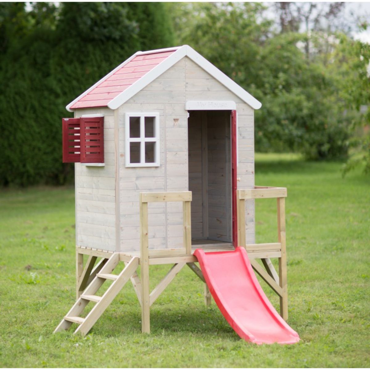 Casuta de gradina cu platforma si tobogan, My Red Cottage House, Wendi Toys