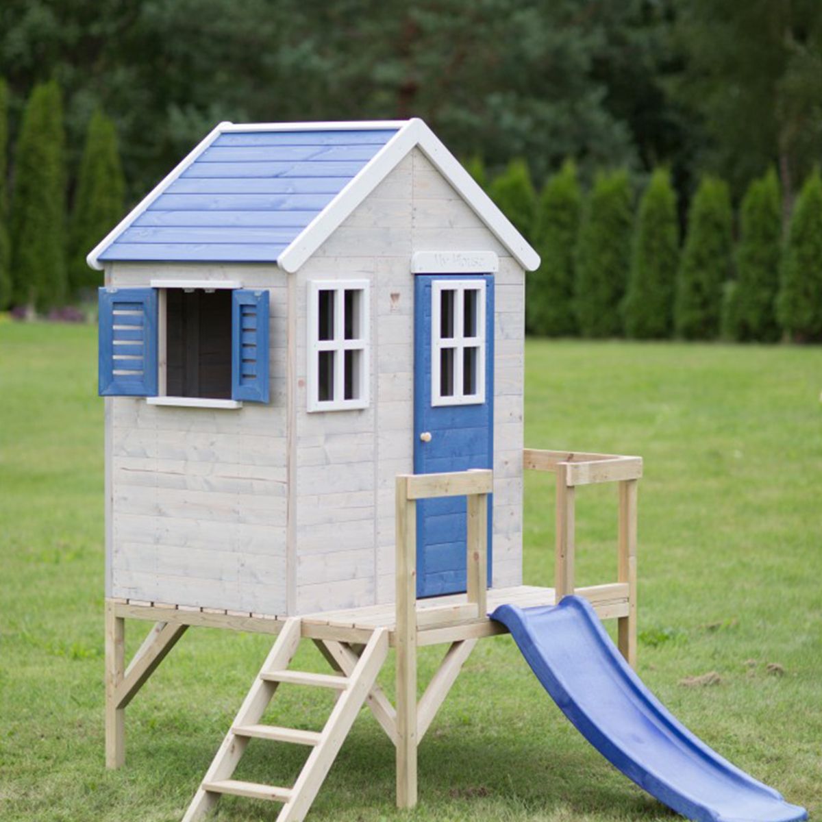 Casuta de gradina cu platforma si tobogan, My Blue Cottage House, Wendi Toys