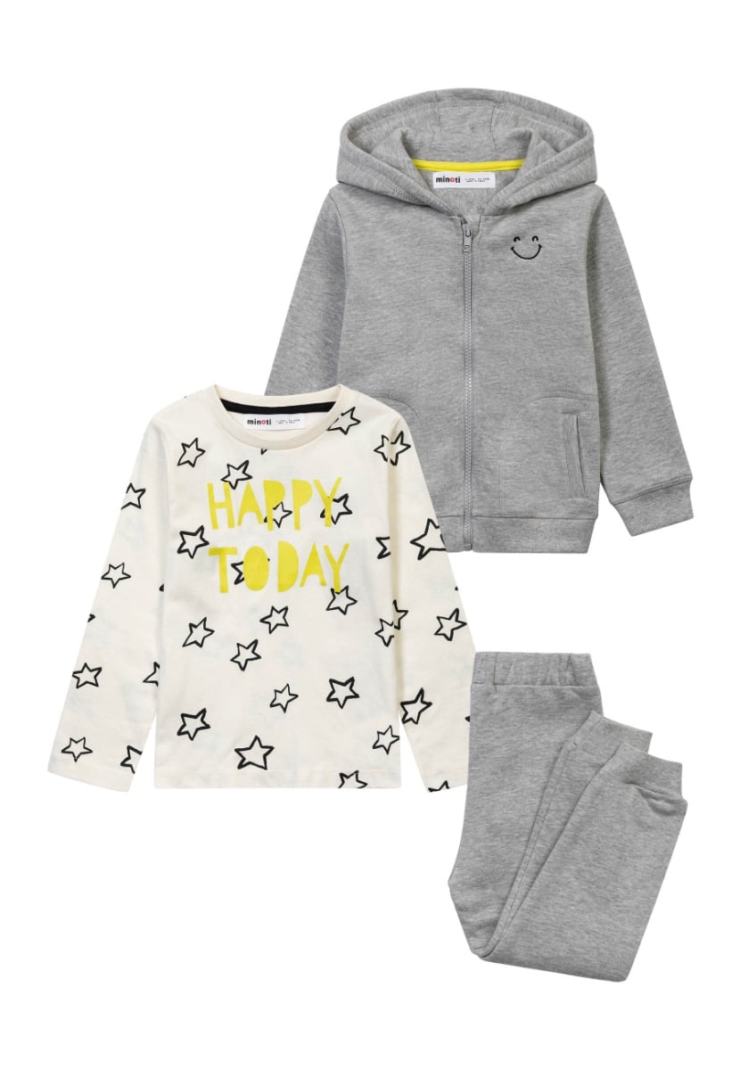 Set hanorac cu gluga, tricou cu maneca lunga si pantaloni, Minoti, Happy Today, Gri, Alb