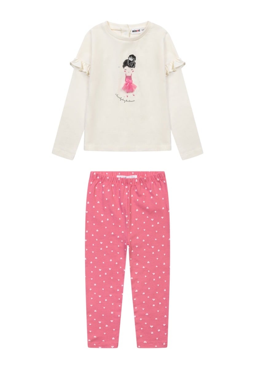 Set bluza cu maneca lunga si colanti, Minoti, Balerina, Alb, Roz