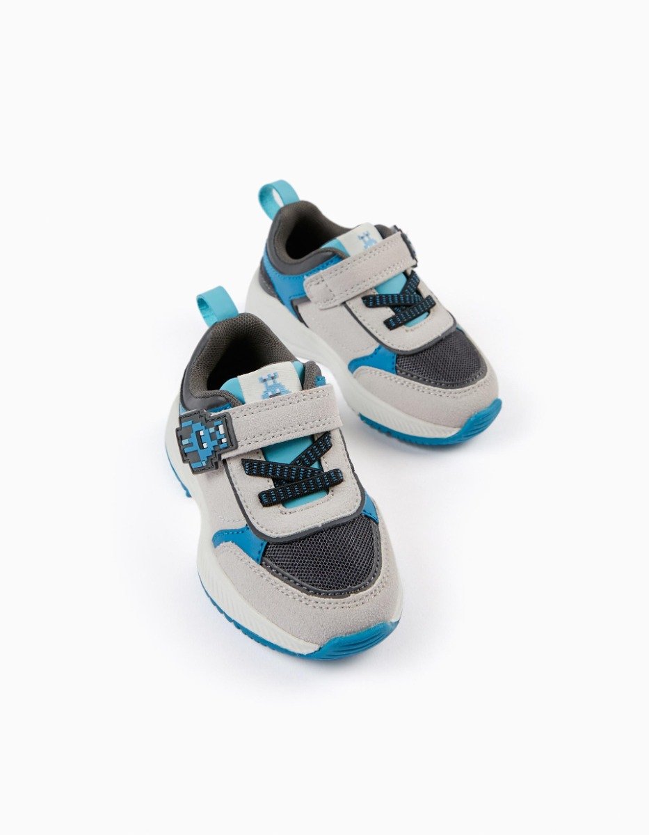Pantofi sport din piele ecologica, Zippy, Gri, Albastru