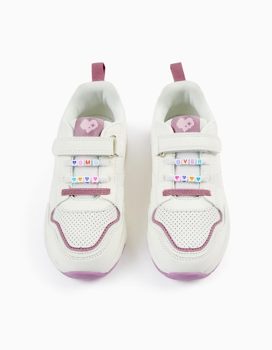 Pantofi sport din piele ecologica, Zippy, Alb, Roz