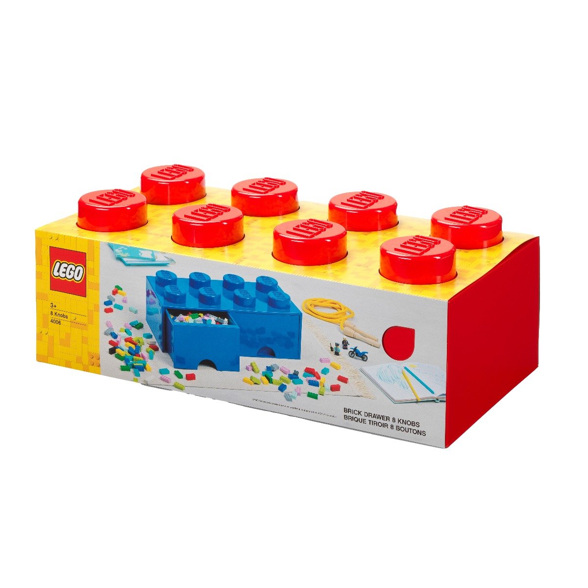 Cutie depozitare Lego, cu 2 sertare si 8 pini, Rosu