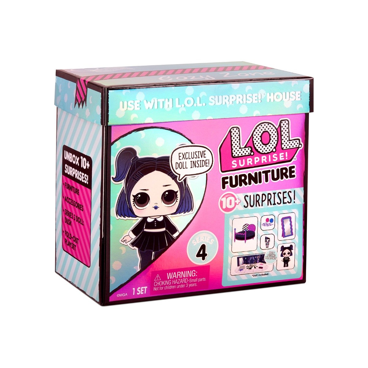 Set de joaca LOL Surprise Furniture Cozy Zone, S4 cu papusa Dusk si 10 surprize, 572640EUC