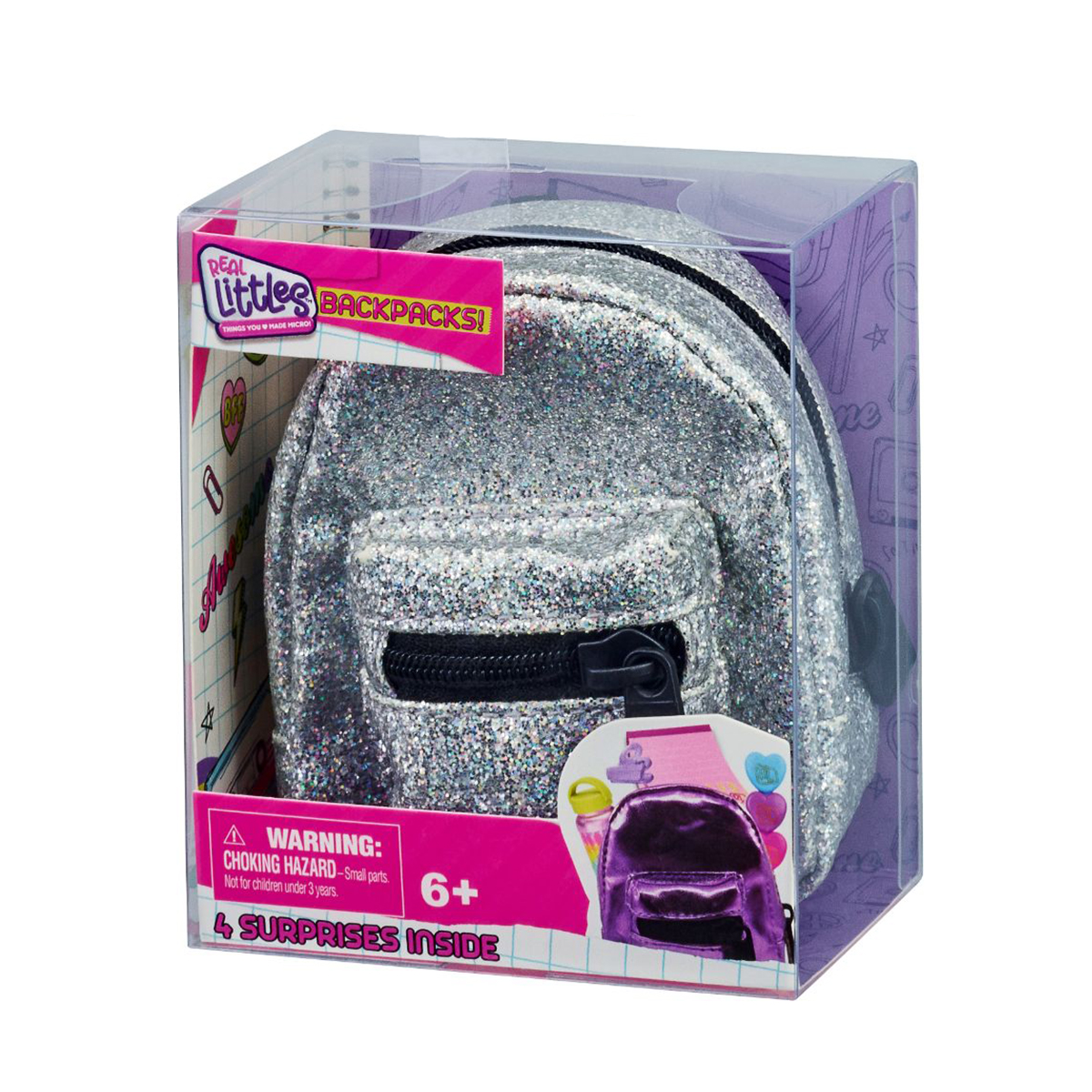 Mini ghiozdanel cu 4 surprize, Real Littles, S4, Argintiu cu sclipici