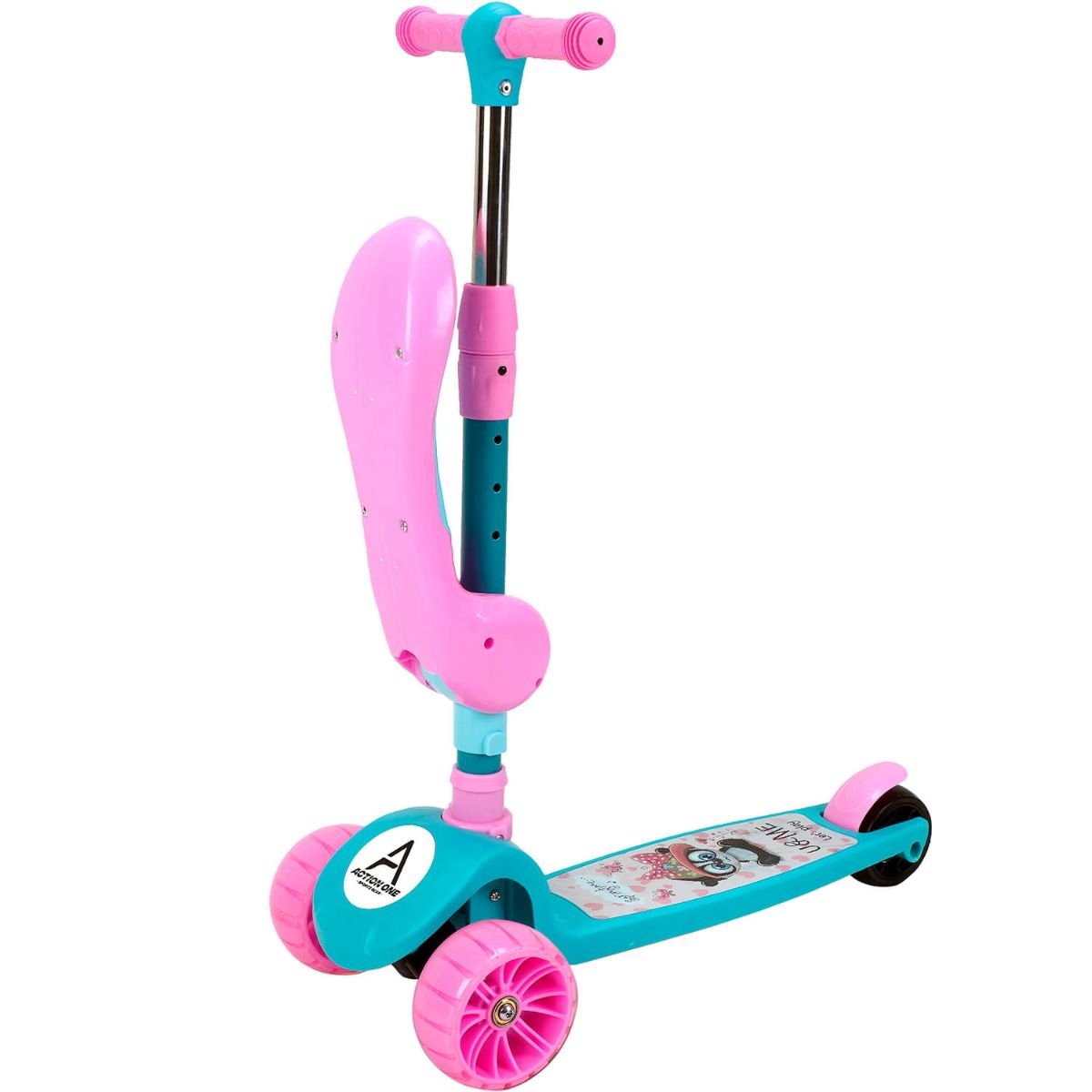 Trotineta popsicle cu scaunel Action One, Cu roti luminoase si muzica, Pinky