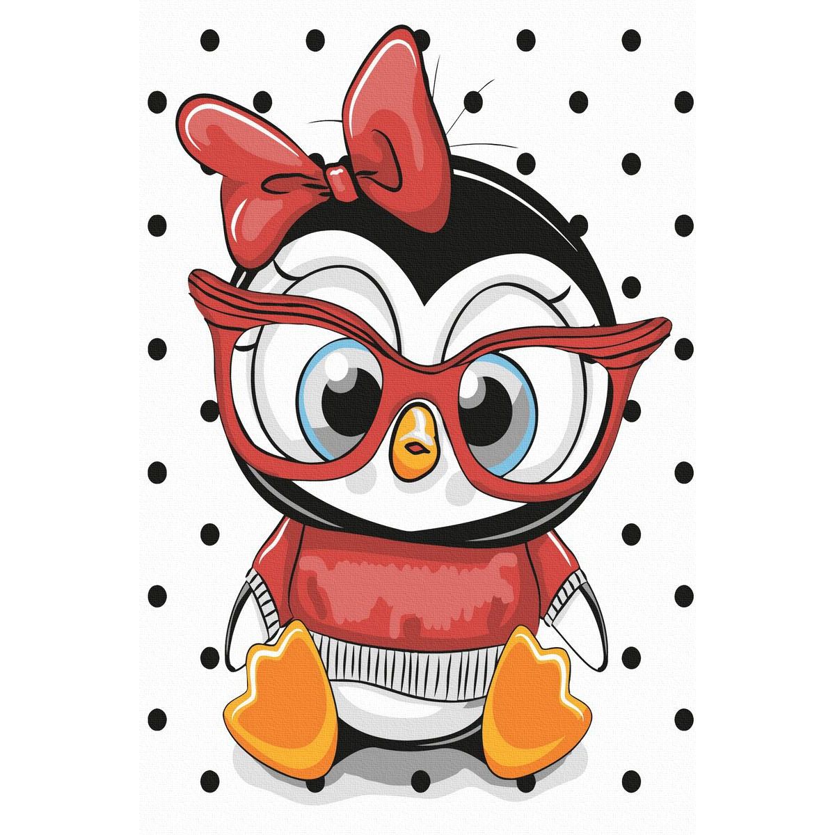 Set Acuarello, Pictura pe numere, Pinguin cu fundita, cu rama din lemn, pensule si culori acrilice