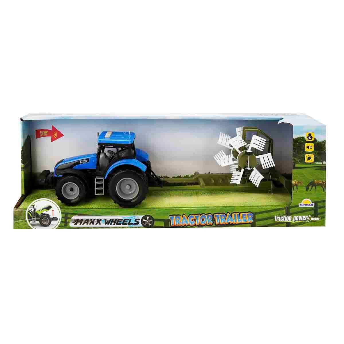 Tractor albastru cu grebla, cu lumini si sunete, Maxx Wheels, 44 cm