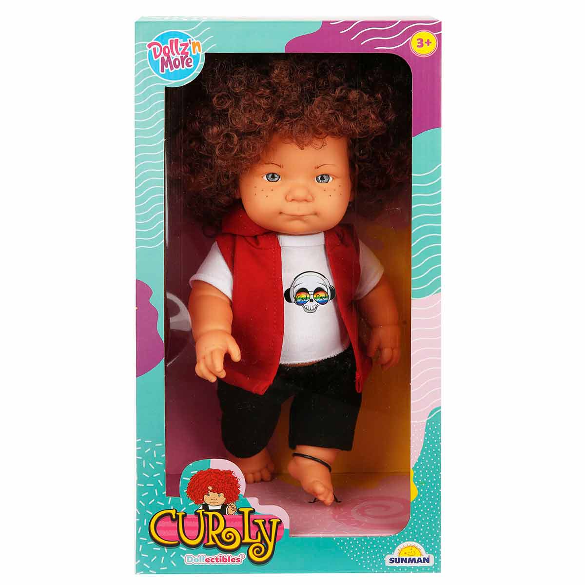 Papusa Curly, Dollz And More, Imbracata cu tricou cu craniu, 35 cm