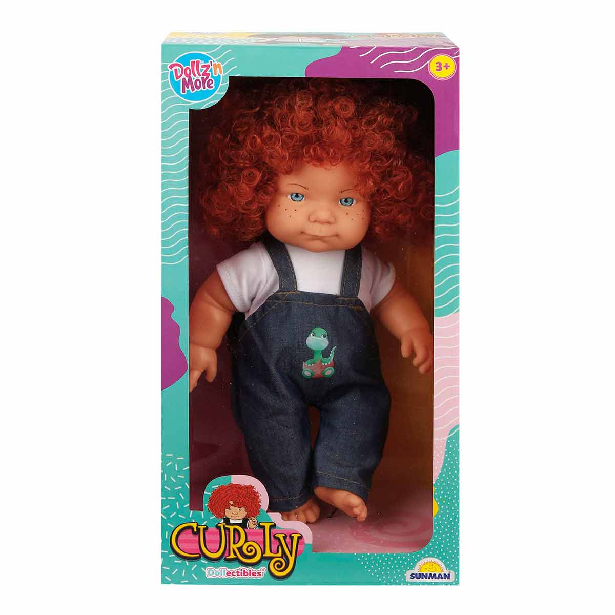 Papusa Curly, Dollz And More, Imbracata in salopeta cu dinozaur verde, 35 cm