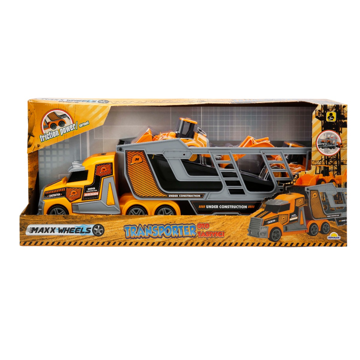 Set transportator cu utilaje de constructii Maxx Wheels, Galben, 45 cm