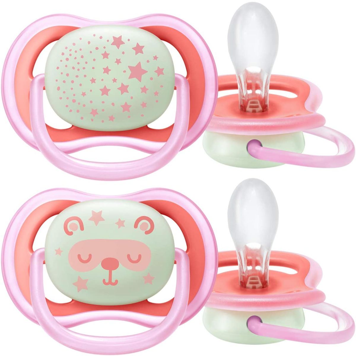 Set 2 suzete Avent, Ortodontice, de noapte, 6-18 luni, Ultra Air, roz
