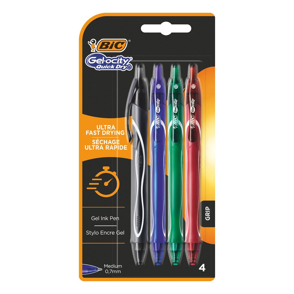 Set 4 pixuri, Bic, Roller Gelocity quick dry, albastru, negru, rosu, verde, Bl4