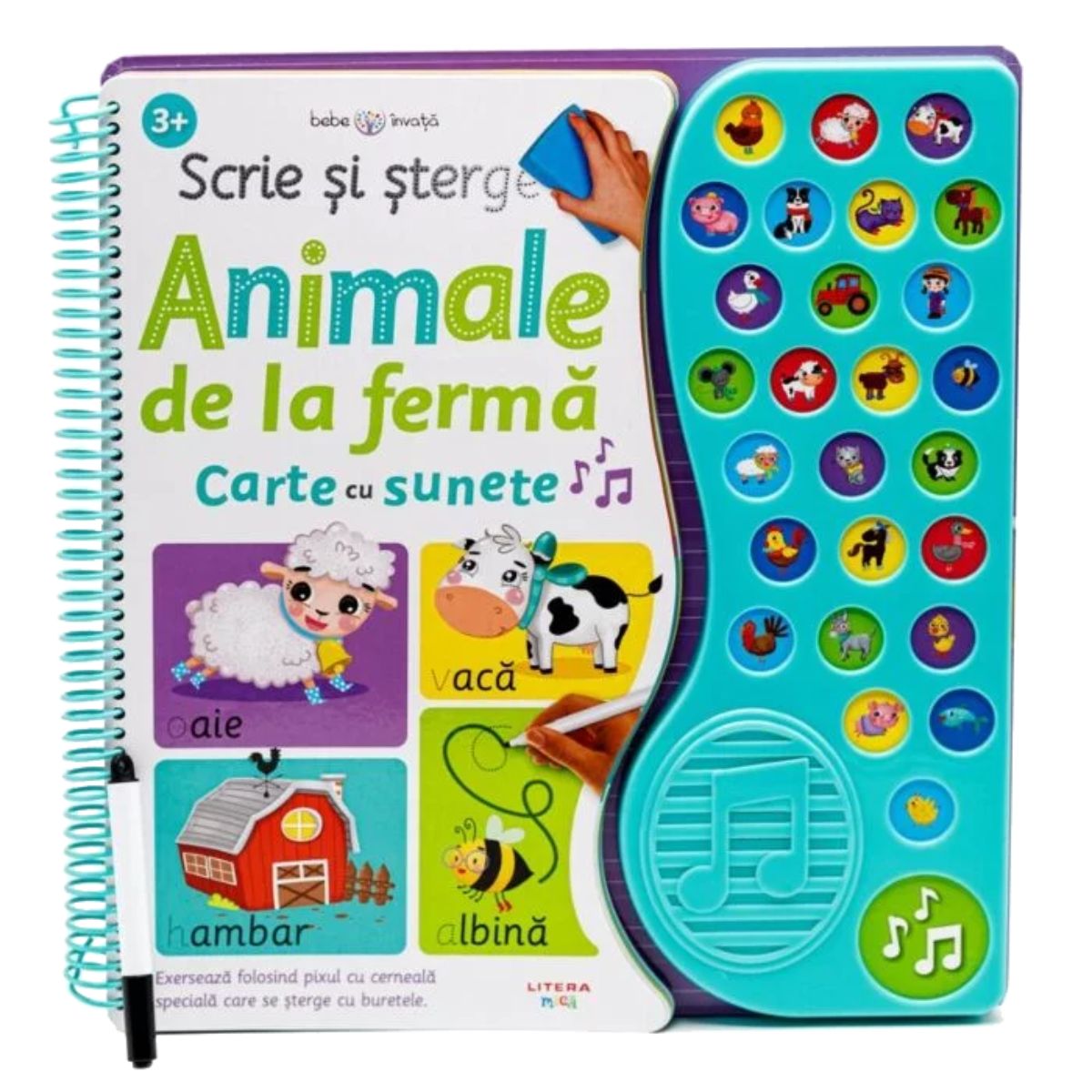 Scrie si sterge, Animale de la ferma, Carte cu sunete