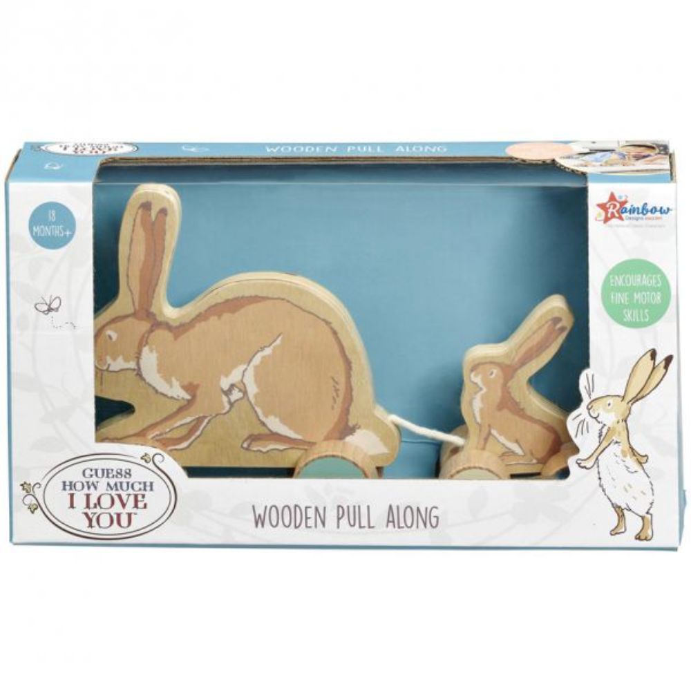 Jucarie de tras din lemn, Rainbow Designs, Ghmily cu 2 iepurasi