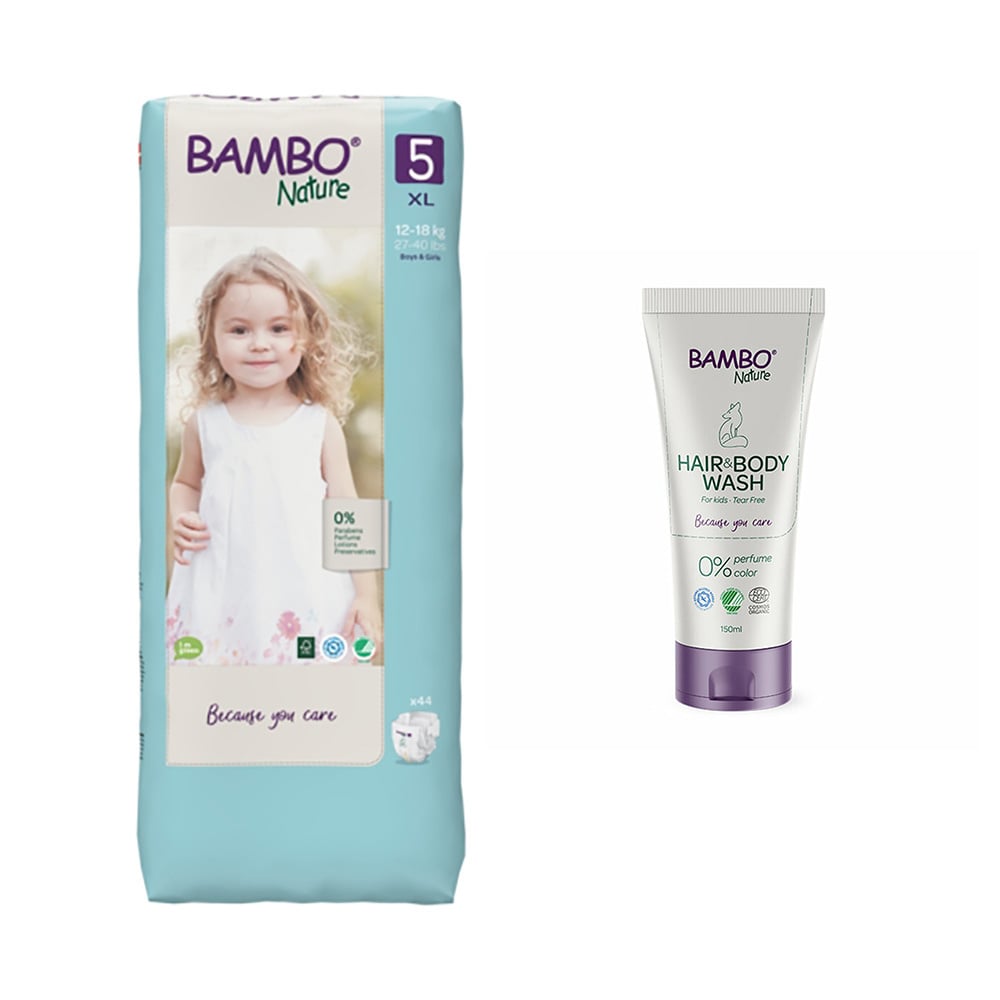 Pachet scutece Bambo Nature, Nr 5, 12-18 kg + Sampon si gel de dus 2 in 1, 150 ml