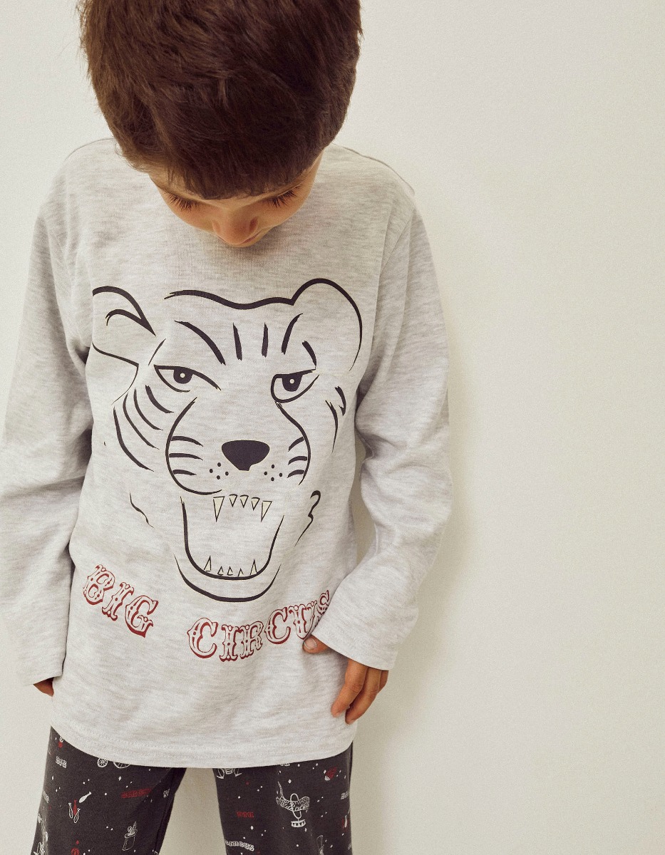 Pijama din bumbac cu maneca lunga, Zippy, Big Circus, Gri