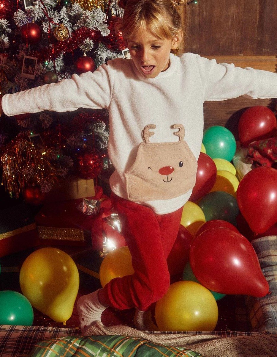 Pijama din fleece cu maneca lunga si imprimeu Christmas, Zippy, alb-rosu