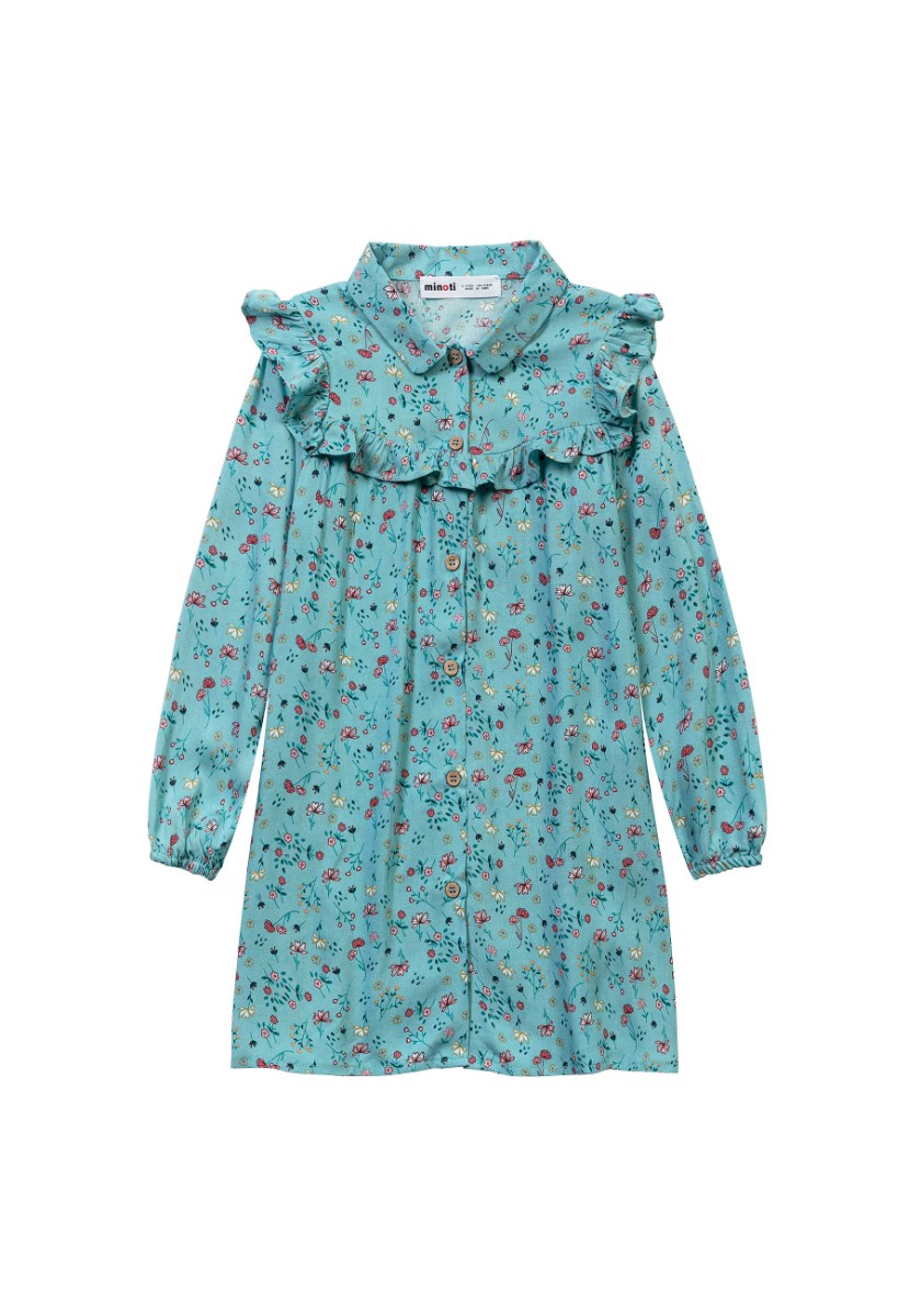 Rochie cu maneci lungi, nasturi si imprimeu Flowers, Minoti