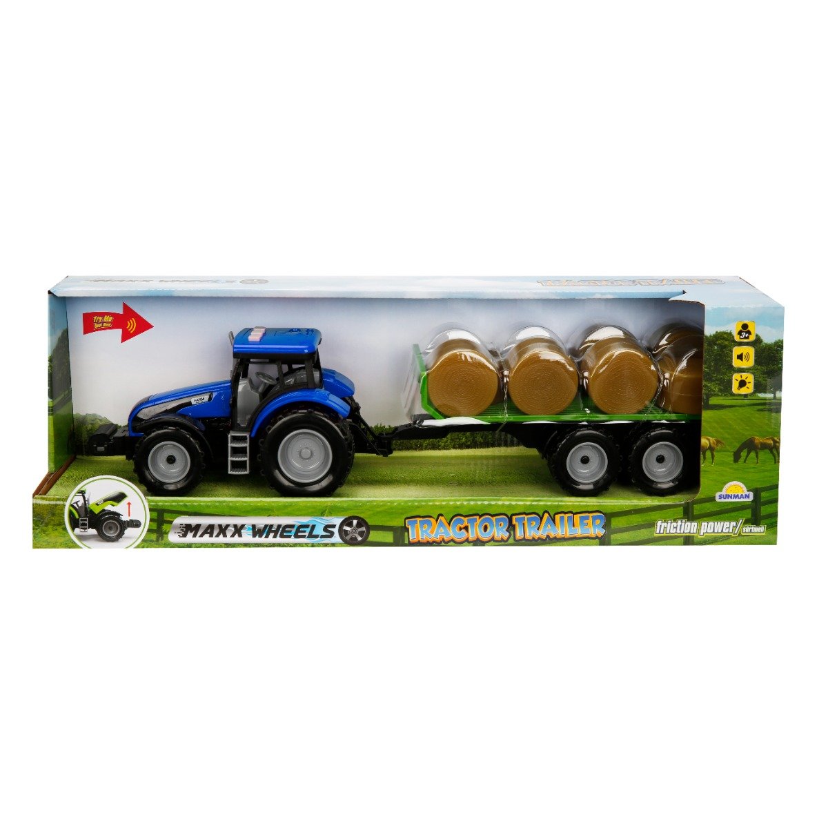 Tractor albastru cu remerca cu fan, cu lumini si sunete, Maxx Wheels, 44 cm