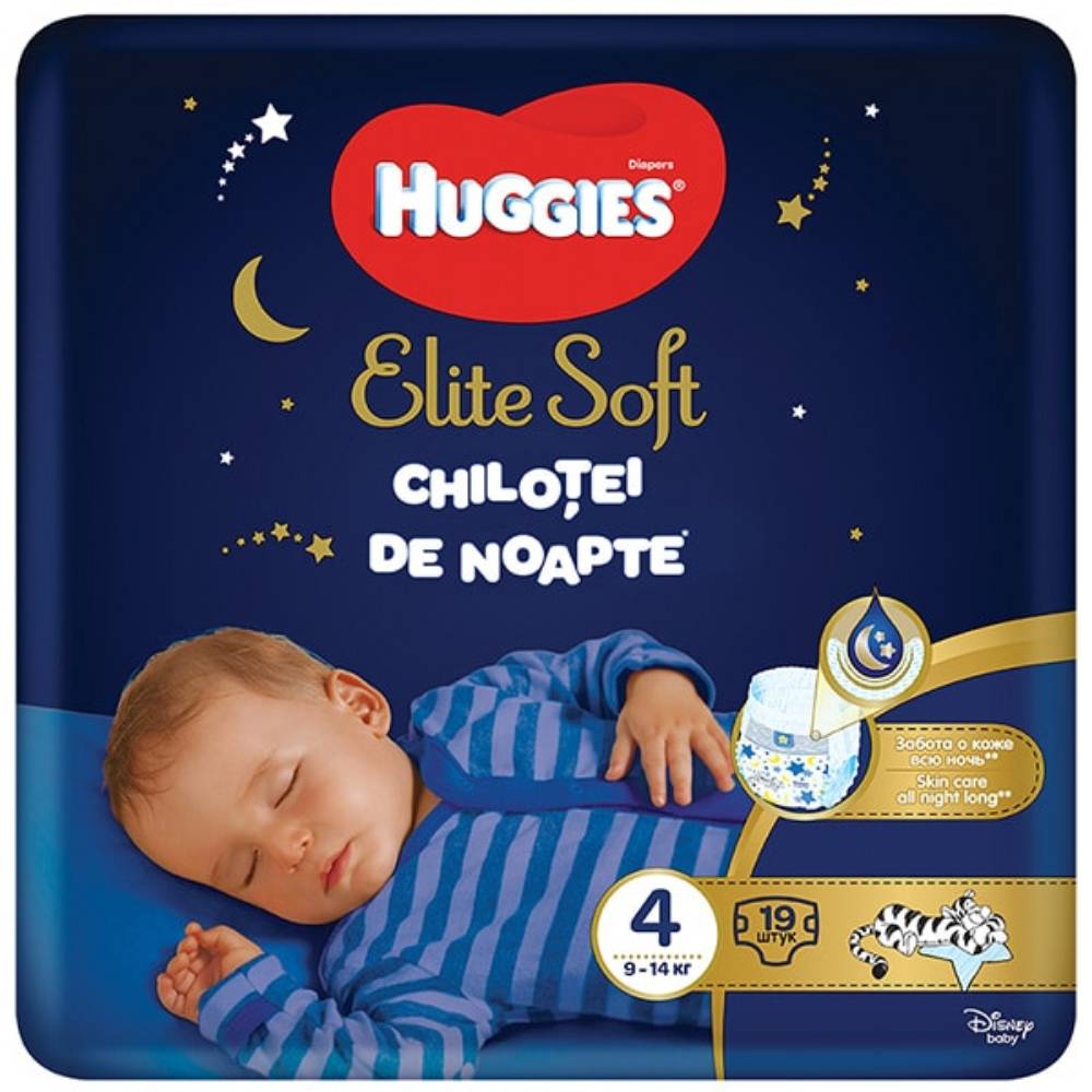 Scutece Huggies Chilotel de nopate Elite Soft Overnight Pants, nr 4, 9-14 kg, 19 buc