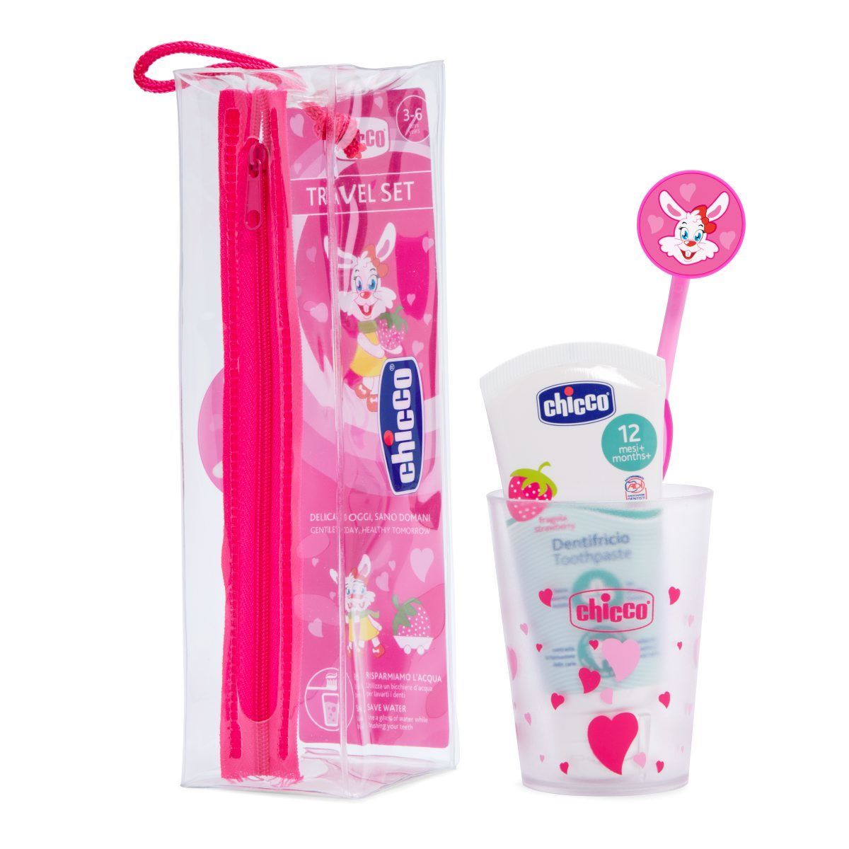 Set de igiena orala Chicco, roz, 36luni+ (pasta dinti, periuta, pahar, etui)