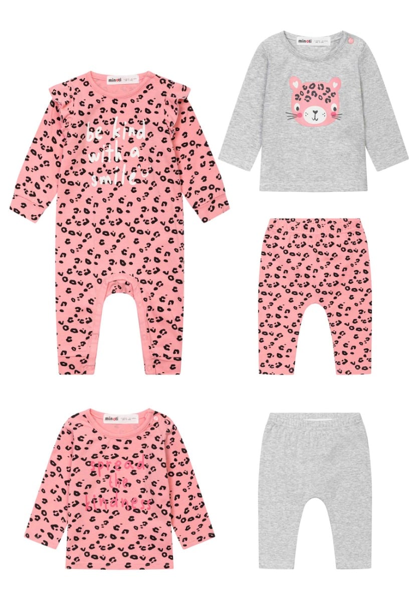 Set bebe salopeta, 2 tricouri si 2 colanti, animal print, Minoti