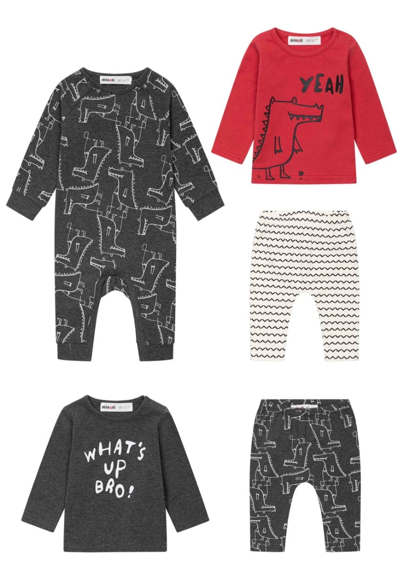 Set bebe salopeta, 2 tricouri si 2 pantaloni Dino, Minoti
