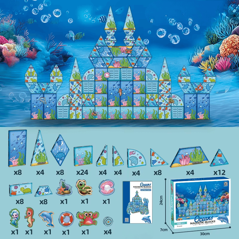 Set Magnetic Educativ Ocean, 108 Piese cu Tematica Marina, Creativitate si Invatare prin Joaca