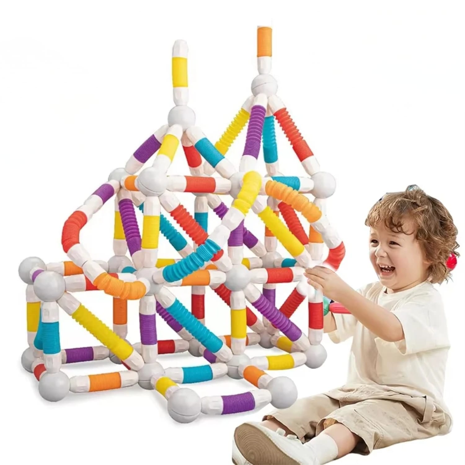 Set Construcție 3D Magnetic și Flexibil Ludiro, 108 Piese Telescopice, Jucărie STEM Educativă 3+ Ani