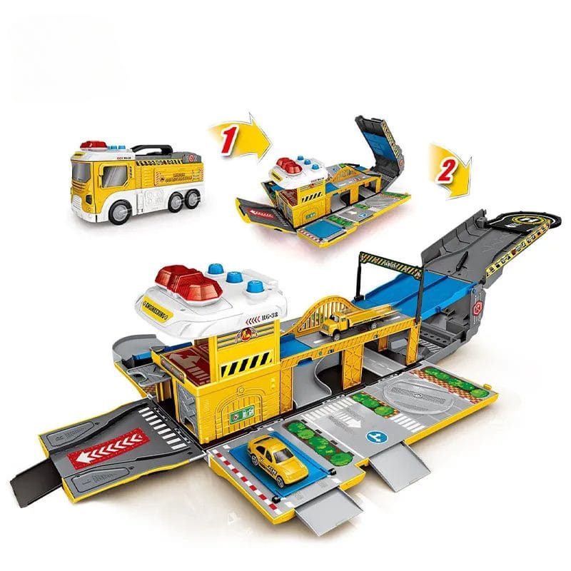 Set de Joaca Camion 2 in 1 Transformabil in Santier de Constructii, cu Masini, Elicopter, Rampa si Sunete Realiste, Jucarie Educativa pentru Copii, Stimuleaza Invatarea prin Joaca,+ 3 Ani
