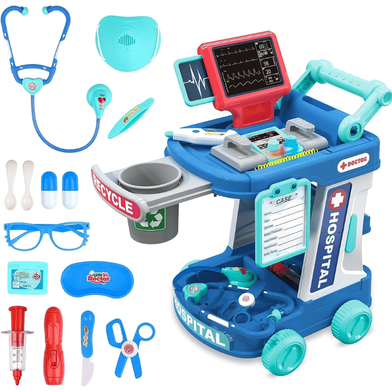 Carucior Medical de Jucarie cu Defibrilator si Lumini Ludiro, Spital Mobil, Set Doctor cu 18 Piese