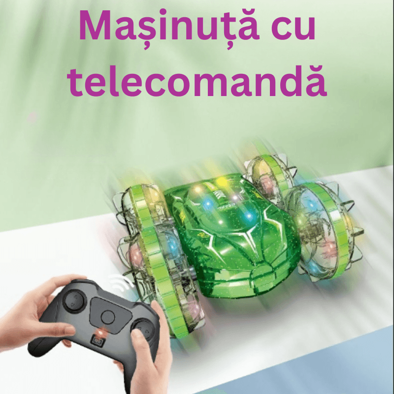 Masinuta RC Amfibie pentru Copii Ludiro, Rotire 360°, Lumini LED, Acumulator USB, Merge si pe Apa si Uscat, Verde, + 5 Ani