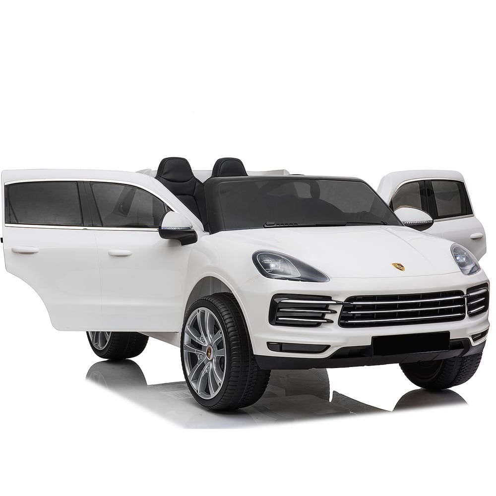 Masinuta electrica pentru 2 copii, Porsche Cayenne XXL, cu roti moi si scaun tapitat, 180W, 12V, alba