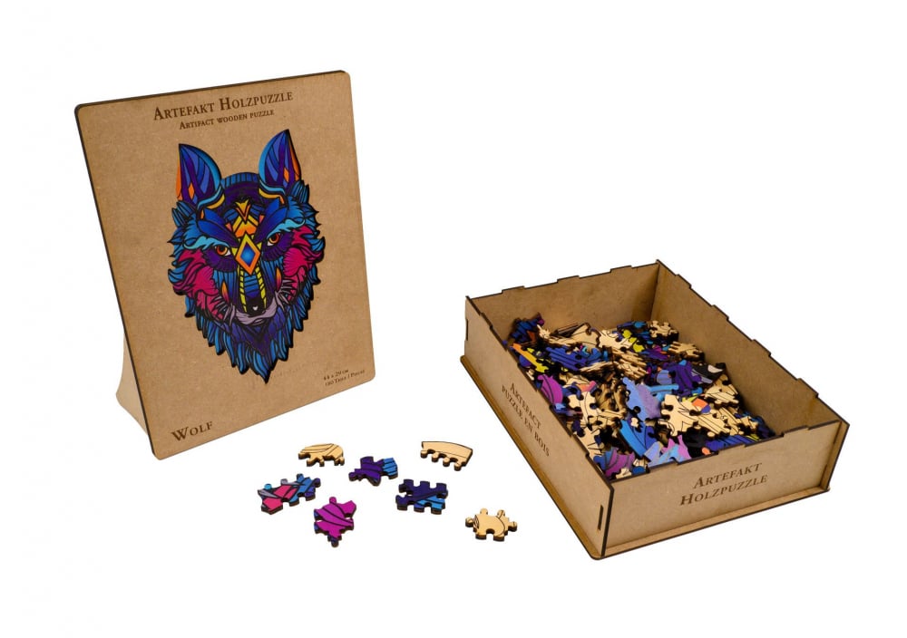 Puzzle din lemn 2 in 1 Wolf, 180 piese, in cutie de lemn