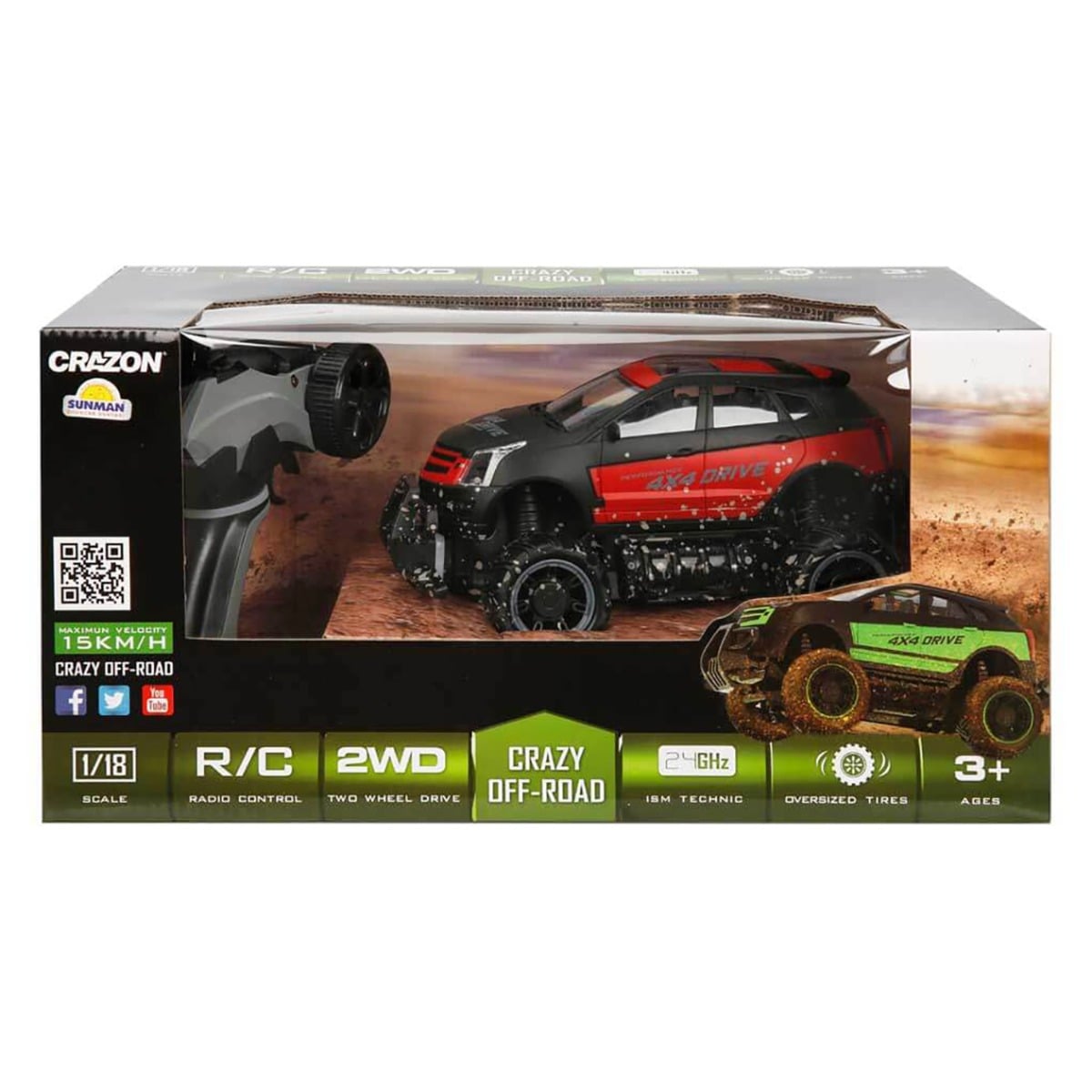 Masina de teren cu telecomanda, Crazon, Crazy Off-Road, 1:18, Rosu-Negru