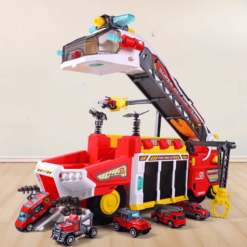 Camion de Pompieri Multifuncțional cu 3 Mașinuțe, Jucărie STEM Interactivă și Educativă LUDIRO