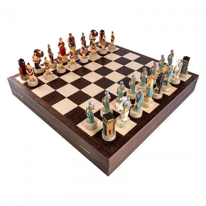 Set sah tematic din ceramica Grecii si Romanii in cutie wenge