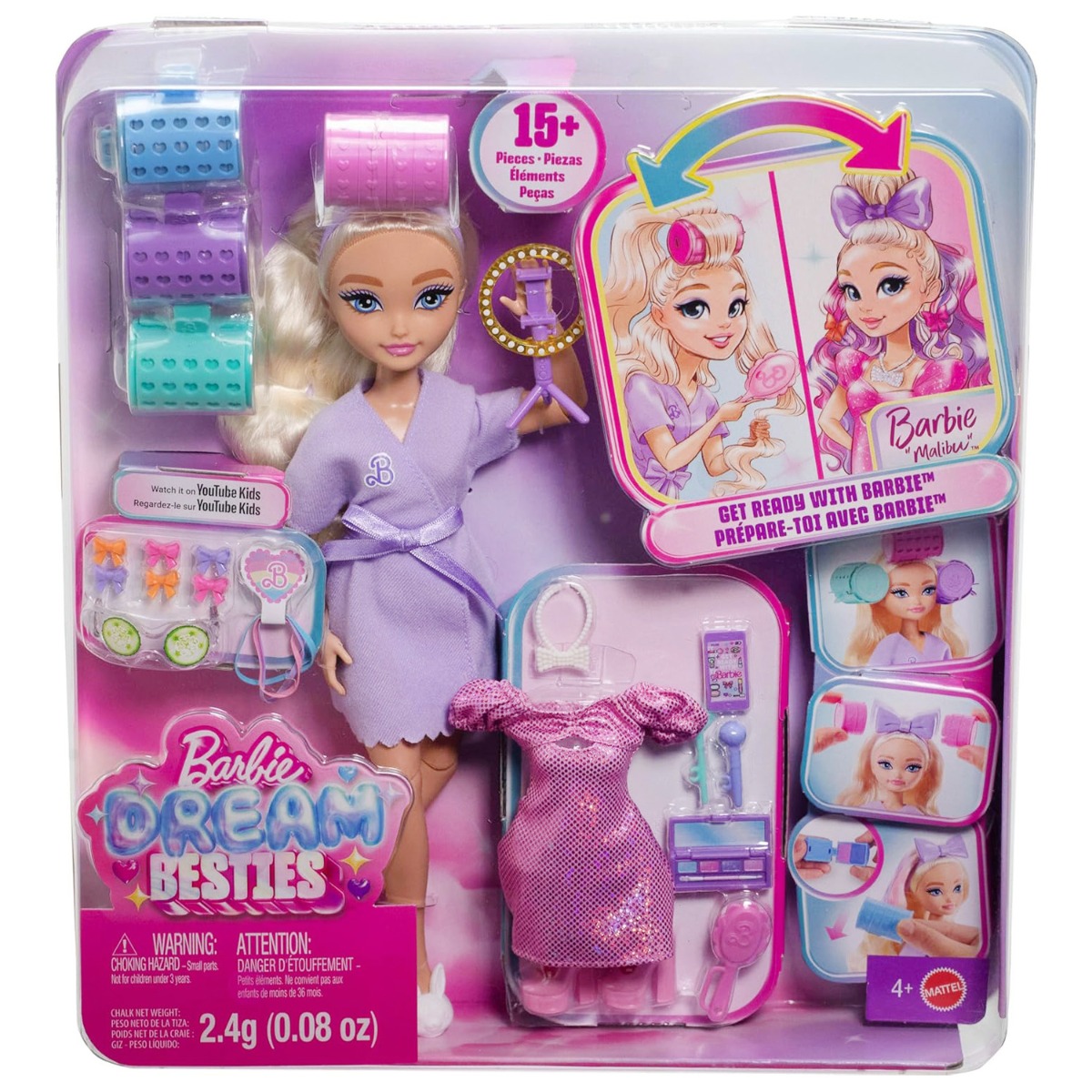 Set de joaca cu papusa Barbie Malibu, Dream Besties, Get Ready with Me, JGG38
