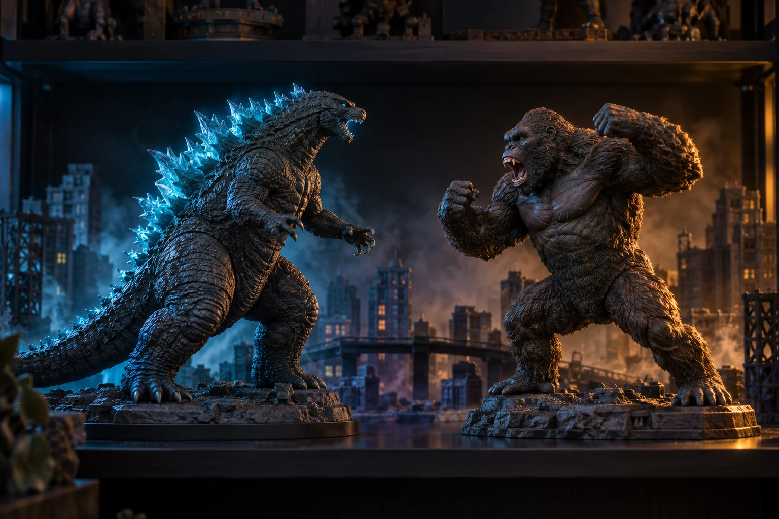 Două figurine de colecție, un titan reptilian și o maimuță gigantică, într-o dioramă urbană
