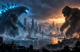 Godzilla și Kong față în față într-un oraș, ilustrație editorială