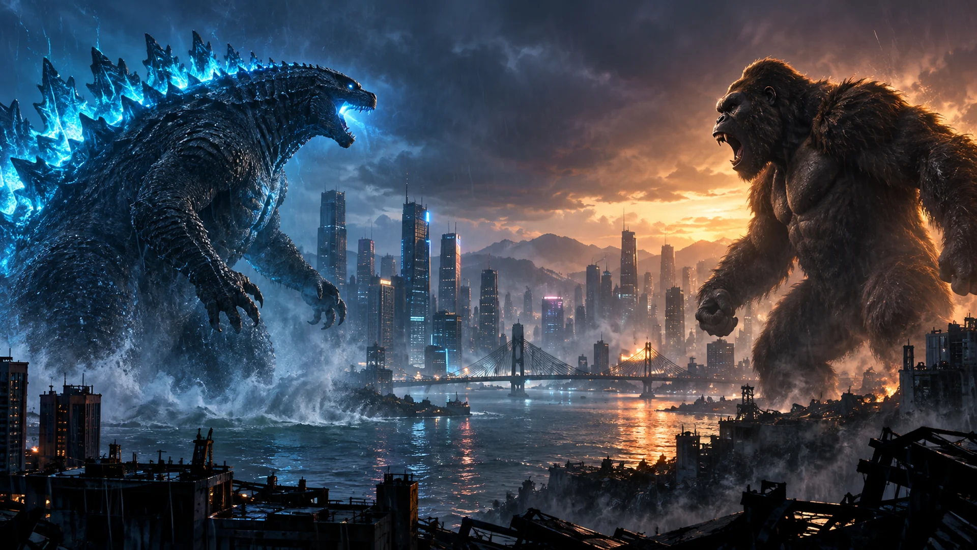 Titan reptilian cu lumină albastră și o maimuță gigantică față în față într-un oraș